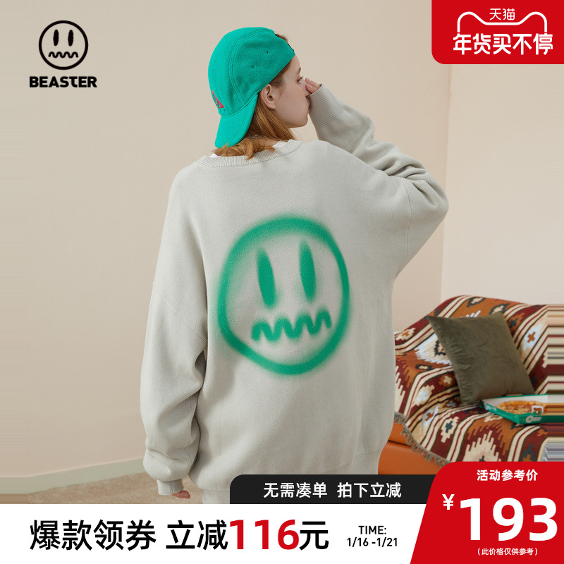 BEASTER小恶魔鬼脸喷绘字母印花毛衣时尚秋冬情侣休闲圆领针织衫