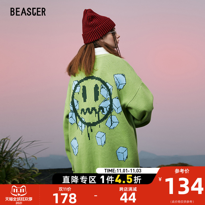BEASTER小恶魔鬼脸毛衣立体冰块潮流撞色街头时尚罗纹圆领针织衫
