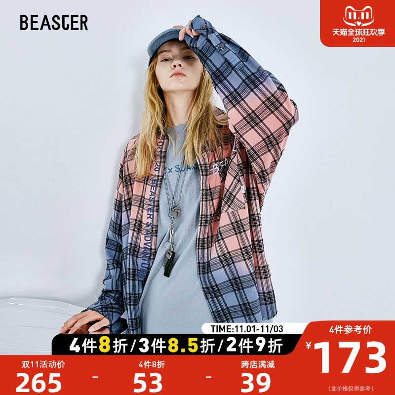 BEASTER 小恶魔鬼脸渐变色格子衬衫明星同款长袖衬衣潮牌街头国潮