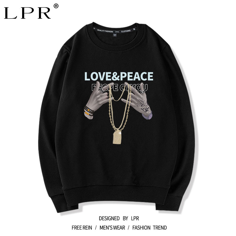 欧美高街卫衣男士春秋加绒潮牌ins新款圆领oversize上衣长袖外套