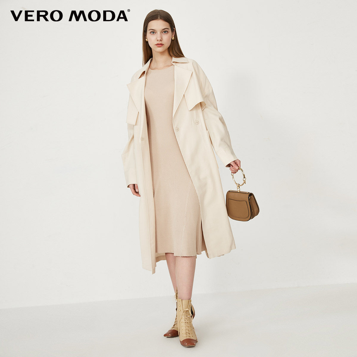 veromoda2020冬季新款通勤系带直筒长款风衣外套风衣