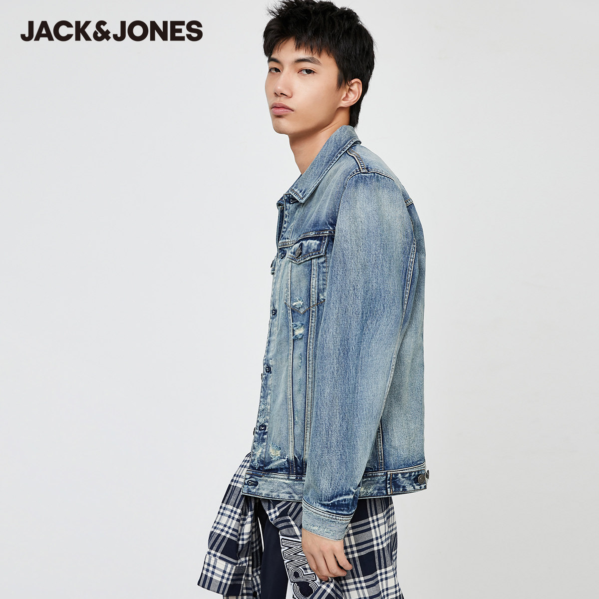 jackjones杰克琼斯春秋男潮潮流磨破水洗纯色牛仔夹克夹克