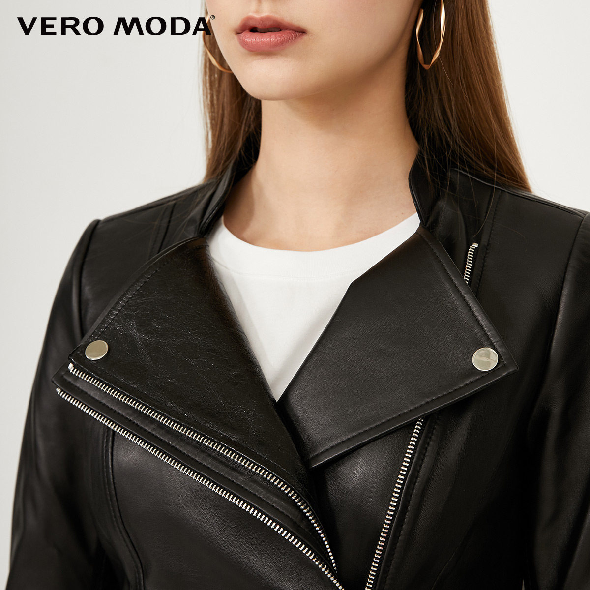 vero moda2019冬季新款猪剖层皮革流苏翻领皮衣女|319110522