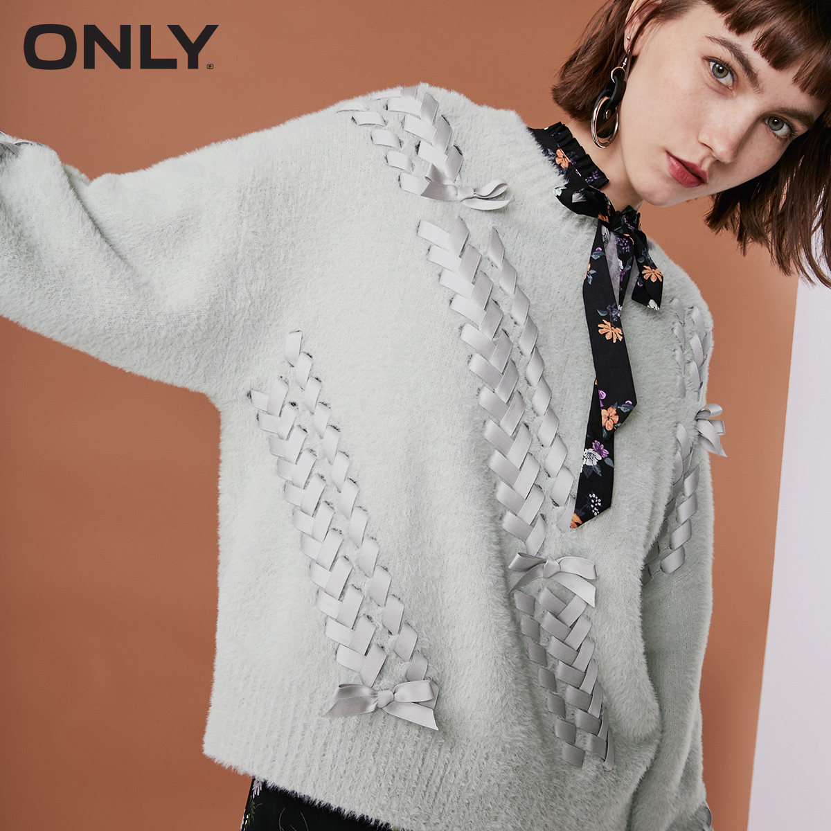 only冬季新款甜美蝴蝶结宽松慵懒风短款毛衣针织衫女|118313559