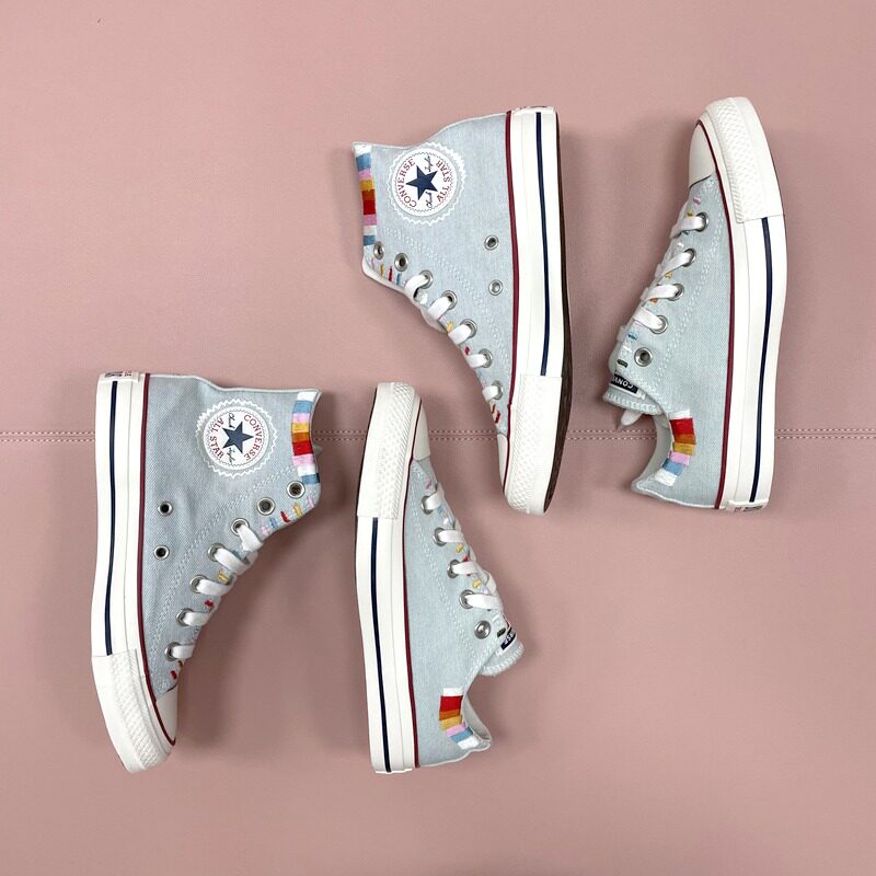 匡威allstar彩虹刺绣浅蓝纯色女子高低帮帆帆布鞋