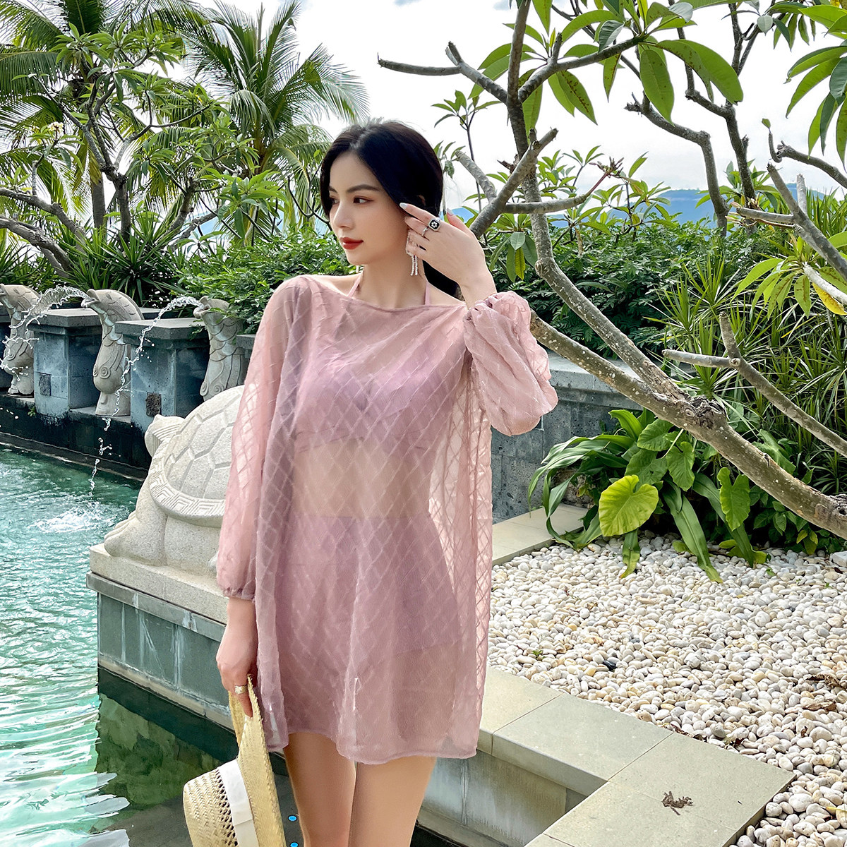 女士泳衣比基尼罩衫三件件套蕾丝薄纱亮线仙气比基尼