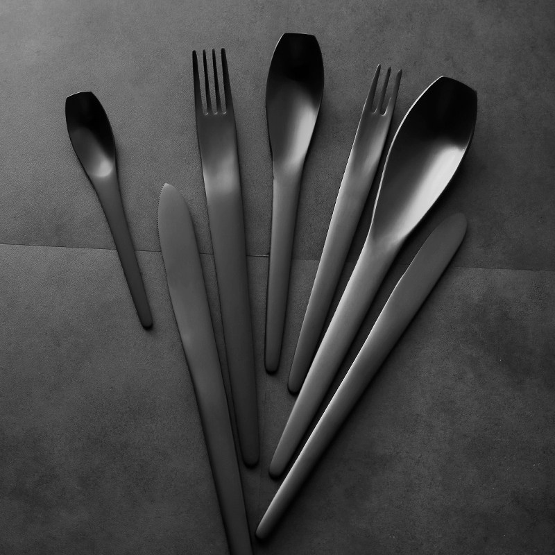 黑色leon美式砂光刀叉不锈钢西餐甜品三件件套西餐餐具套装
