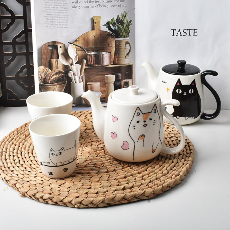 猫咪日式卡通陶瓷三兄兄弟茶壶下午茶咖啡壶黑白茶壶