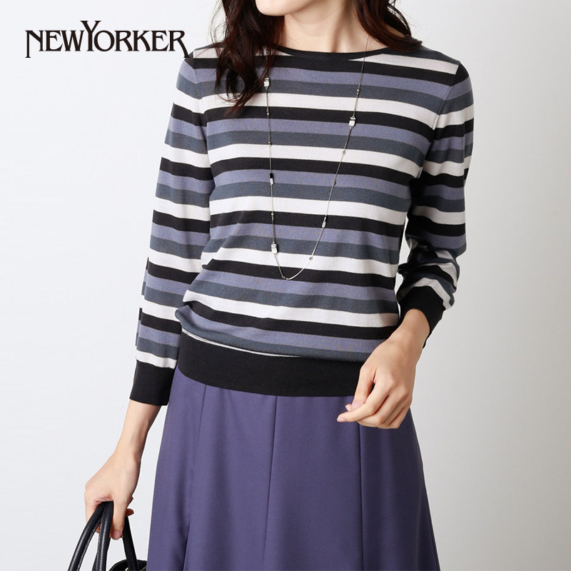 newyorker纽约约克新款女士撞色条纹针织衫羊毛毛衣毛针织衫