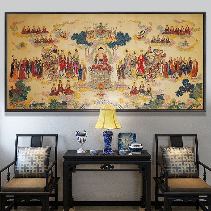 横幅法界源流佛祖说法千佛图客厅餐厅背景墙中式佛教唐卡装饰挂画