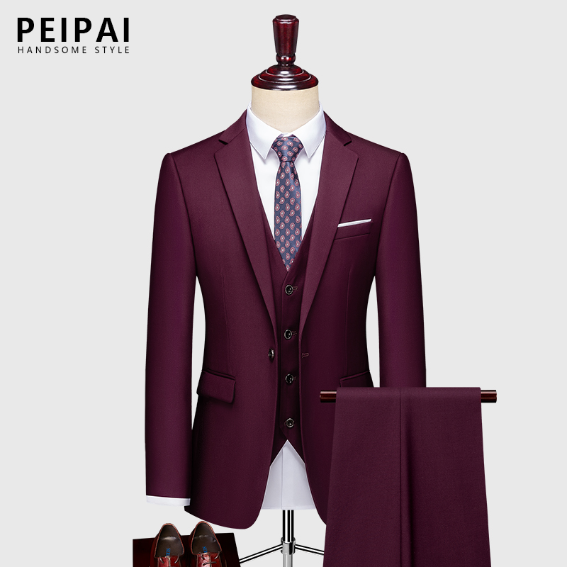 裴派主持人西装男礼服修身帅气司仪英伦风酒红新郎西服套装男晚会