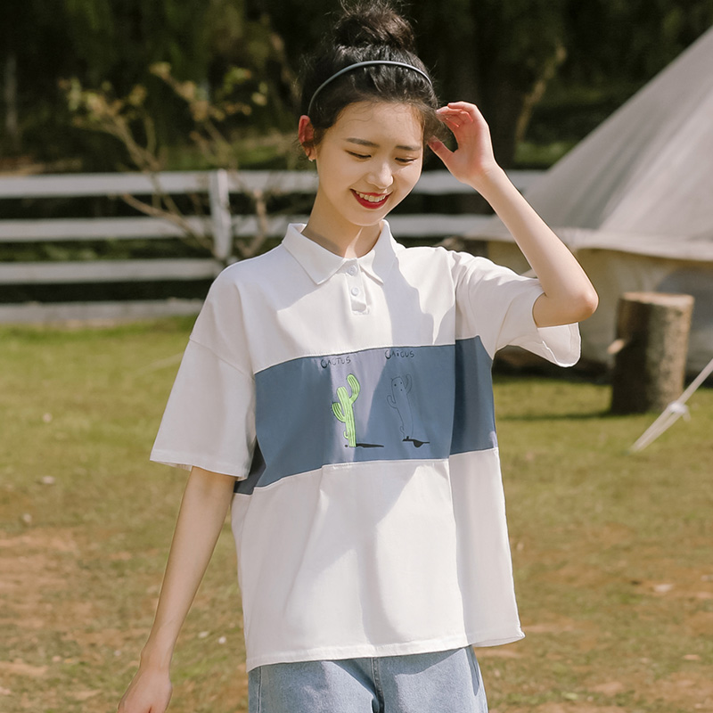 帛卡琪2020夏新款学生polo衫仙人掌短袖t恤女宽松百搭撞色上衣潮 - 图2