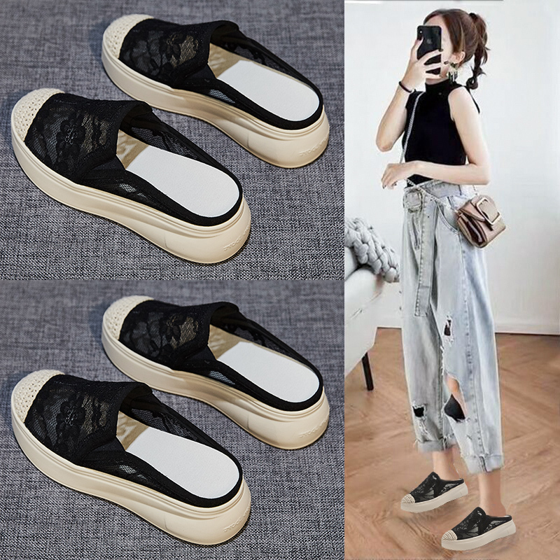 包头半拖鞋女夏外穿2022年新款厚底网红爆款办公室渔夫鞋网面凉拖