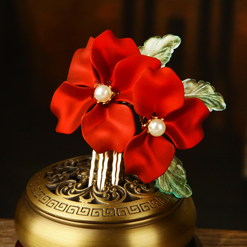 原创古装红玫瑰发簪淡水珍珠钗玉簪花古风汉服发饰