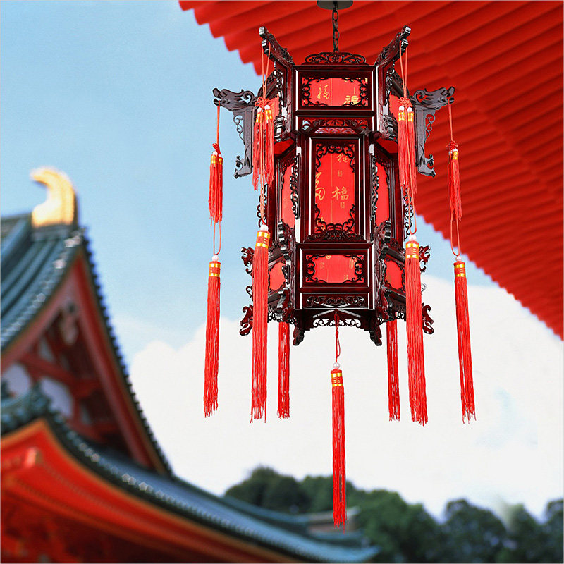 宫灯灯笼中式仿古实木六角仿羊皮大红挂饰灯笼户外阳台吊灯笼 - 禧悦