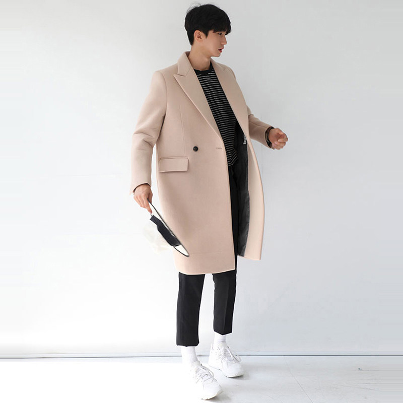 毛呢大衣米色韩版秋冬季时尚青年宽松风衣中长毛呢大衣