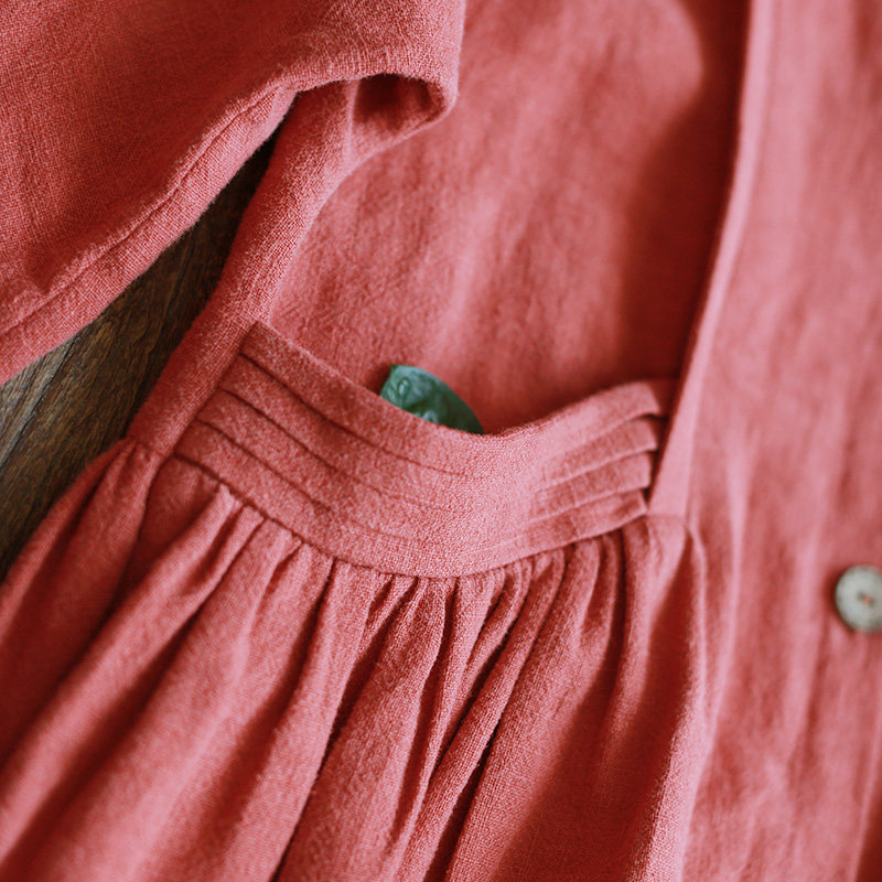 【感恩回馈七折购】忆旧2021春新款亚麻红色连衣裙开衫风衣外套女