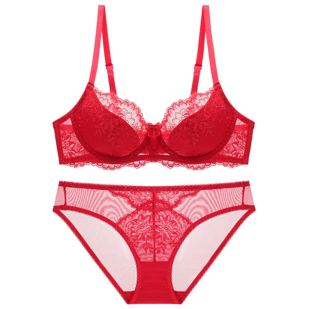 性感蕾丝薄棉杯大码内衣低腰透气舒适超薄大胸文胸套装