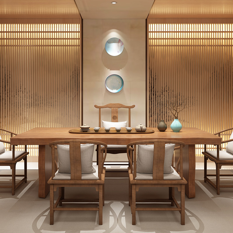 新中式办公室茶室禅意组合桌椅喝茶原木现代简约茶几