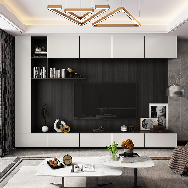 现代简约客厅定制整体电视柜背景墙吊柜一体组合地柜电视柜