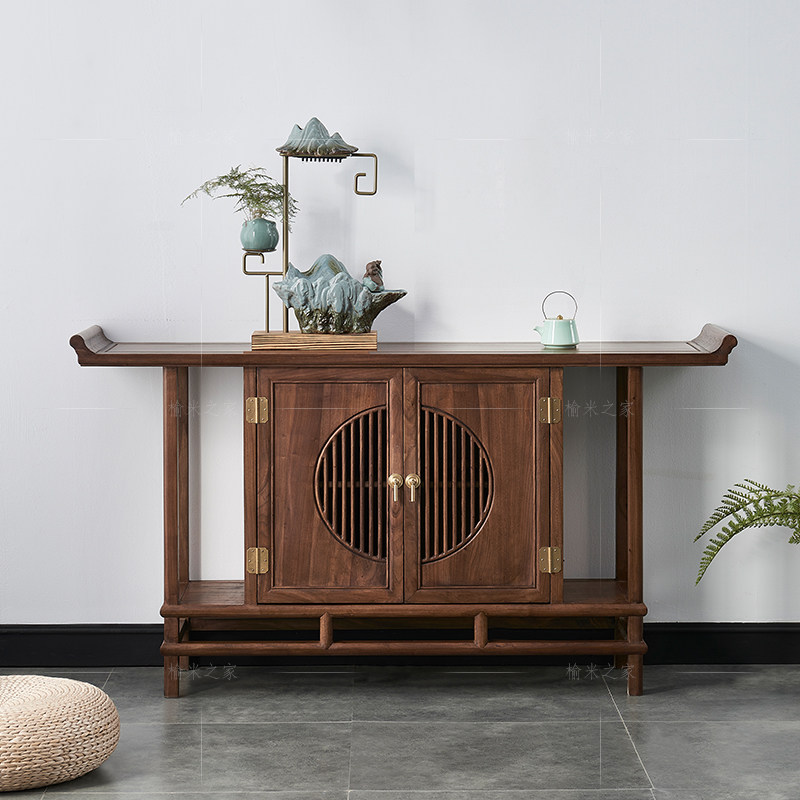 玄关条案门厅入户隔断实木禅意新中式胡桃木北美门厅