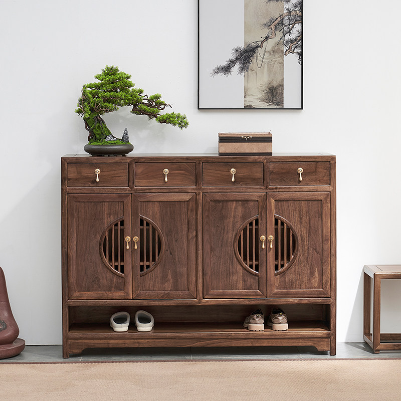 新中式门厅储物柜矮柜餐边榆木禅意鞋柜进门玄关鞋柜