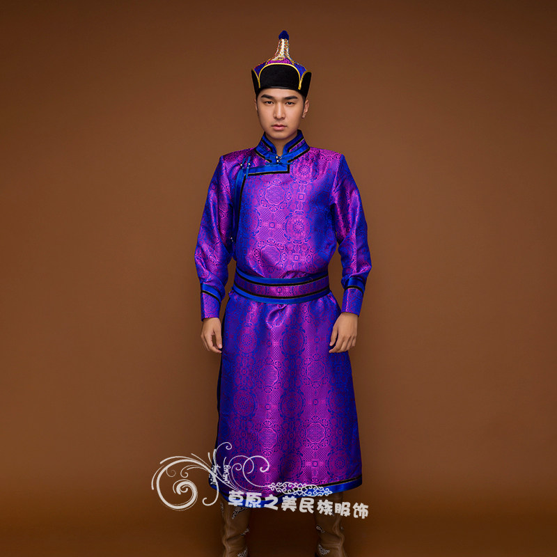 蒙古袍男长款缎面蒙古族服装少数民族服饰演出舞蹈民族服装
