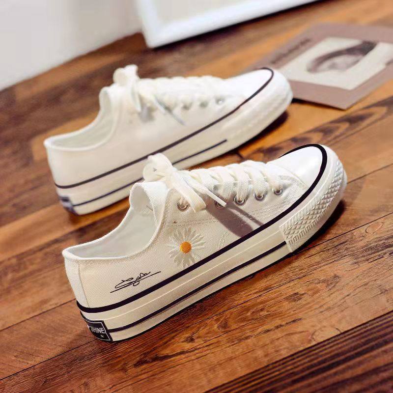 夏春秋帆布布鞋小雏菊光脚穿可踩露脚后跟拖鞋小白鞋帆布鞋
