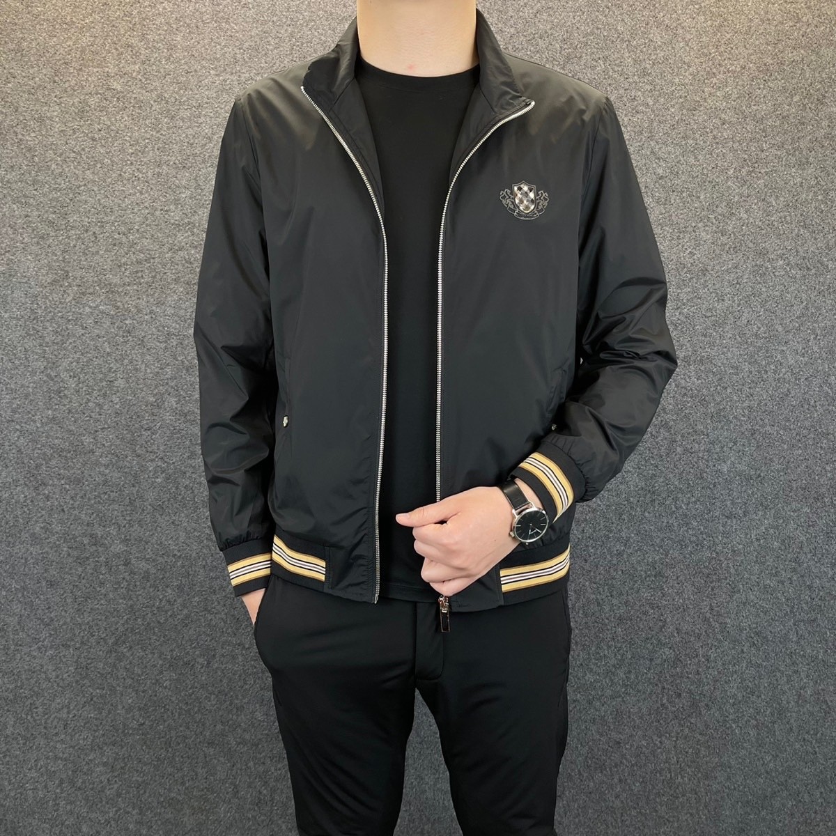 2022春秋新款潮流时尚休闲百搭立领薄夹克男潮牌刺绣短款修身外套