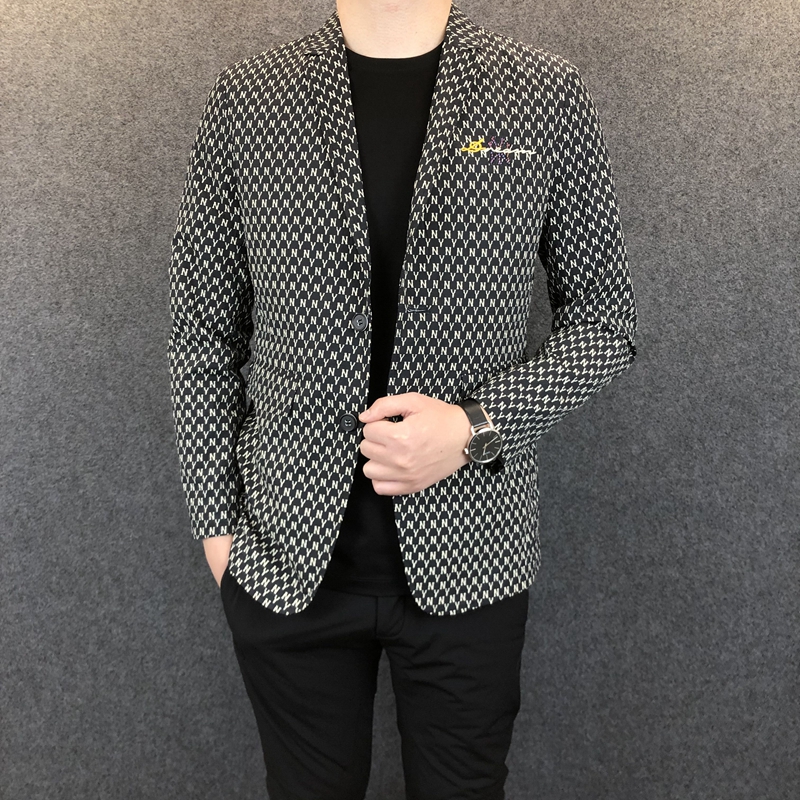 欧洲站外套男2022春秋小西装男格子西服休闲百搭潮流字母刺绣便西