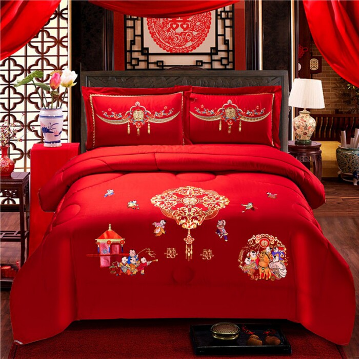 结婚绣花大红色被子双人婚庆喜被加厚保暖被芯刺绣冬被新婚陪嫁礼