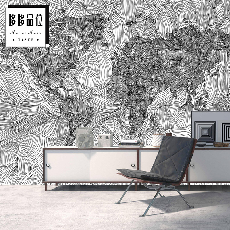北欧欧风大气墙纸黑白地图手绘卧室餐厅墙布定制壁画