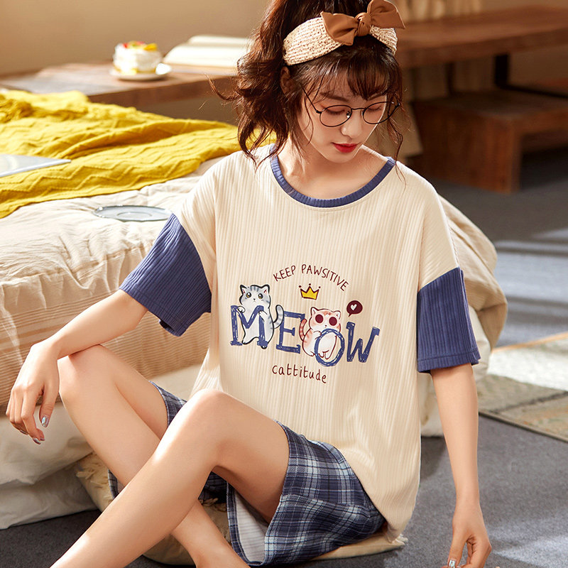 学生睡衣女夏短袖纯棉薄款两件套装1213141516岁初中睡衣