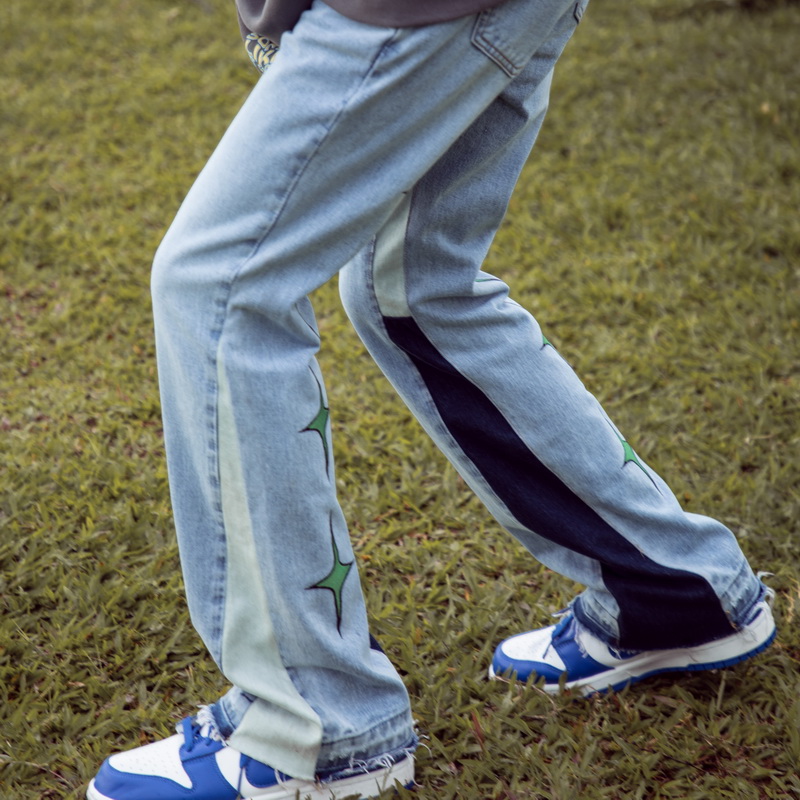 SOFTKIKO 拼接VIBE风国潮高街男女水洗拼色刺绣毛边微喇叭牛仔裤