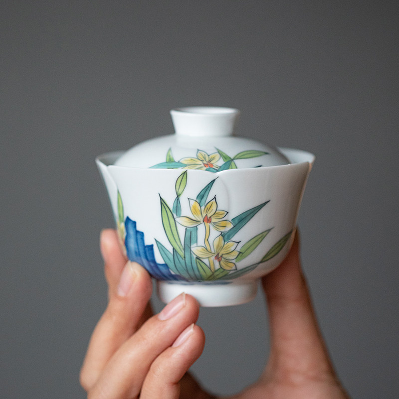 泡茶功夫陶瓷烫手带盖茶碗手绘家用茶杯盖碗茶盖碗