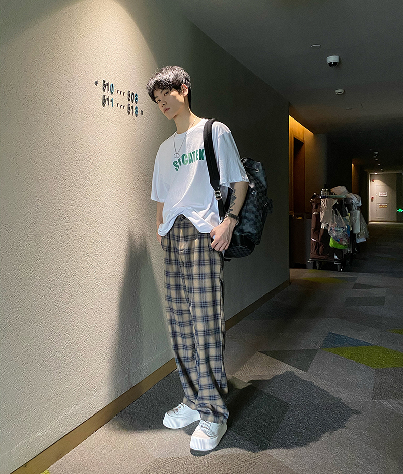 卡其色格子直筒裤男韩版宽松垂坠潮流阔腿裤男女春秋百搭休闲长裤