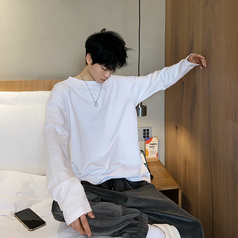 Boovoi 纯色长袖t恤男潮牌宽松四季可穿韩版百搭情侣黑白棉打底衫