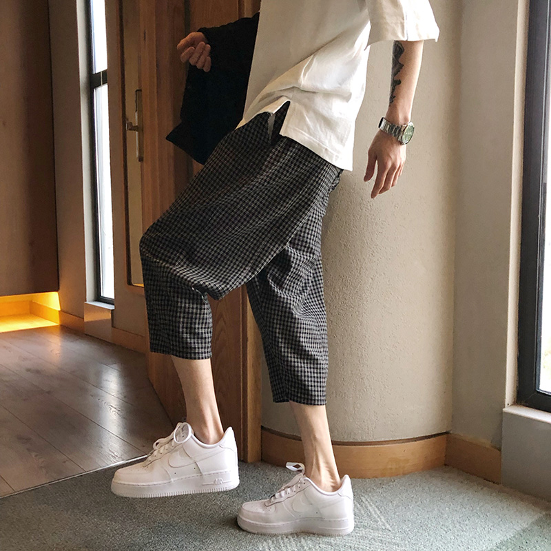 Boov Oi 新品黑色格子7分裤男生夏季宽松百搭松紧腰哈伦休闲裤