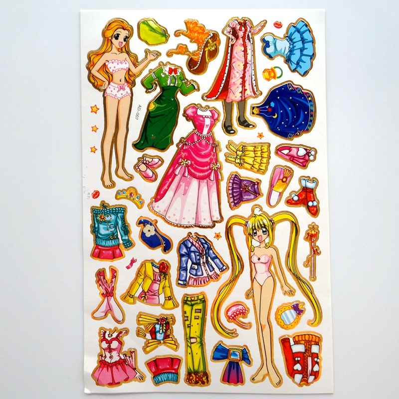 1包5张儿童贴纸女孩换装小贴画女生穿衣服平面不干胶贴纸生日礼物