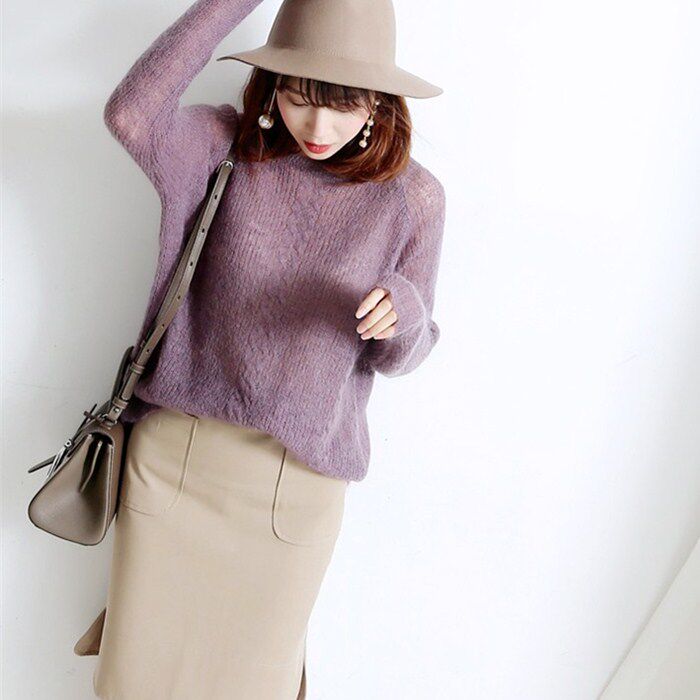 日系马海毛毛衣宽松温柔透视海马针织衫薄款女打底毛衣