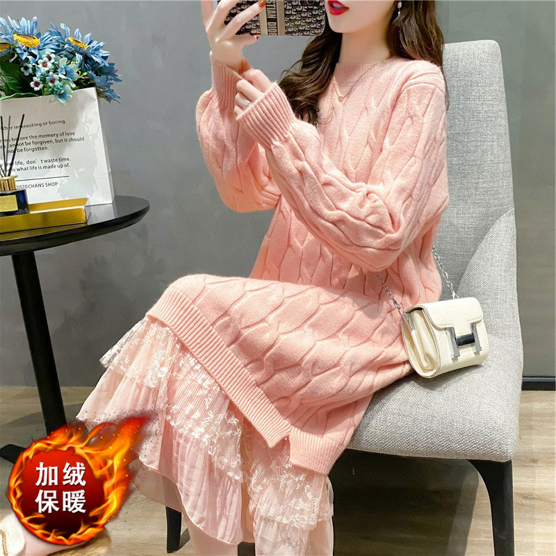 毛衣裙中长款蕾丝下摆女士秋冬加厚超仙的连衣裙时尚麻花打底裙子