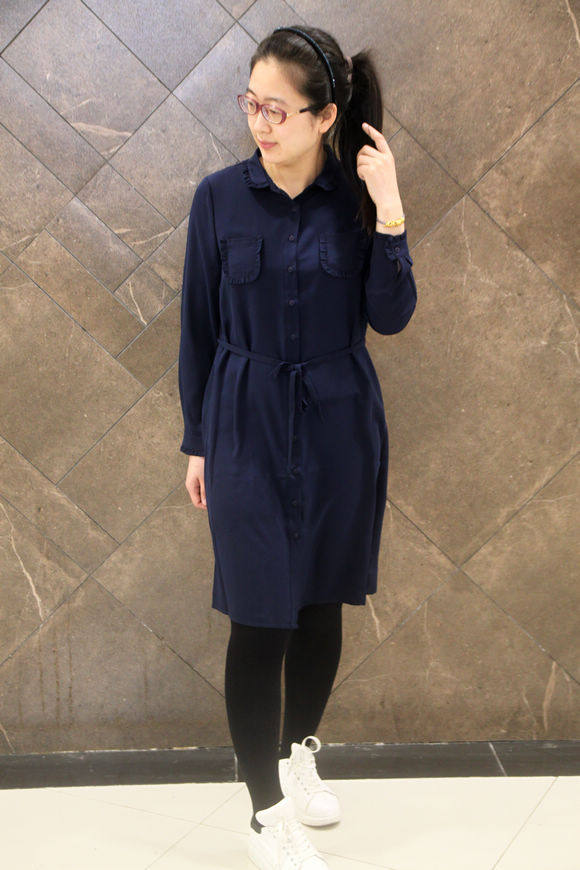 韫女装yun长袖雪纺连衣裙2017新款春夏中长款大码宽松翻领系带裙