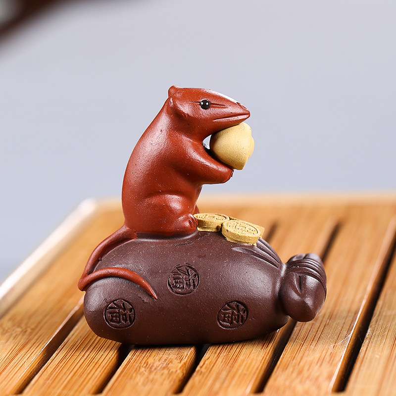 宜兴紫砂茶宠摆件招财老鼠代代数钱茶玩布袋鼠功夫茶宠摆件