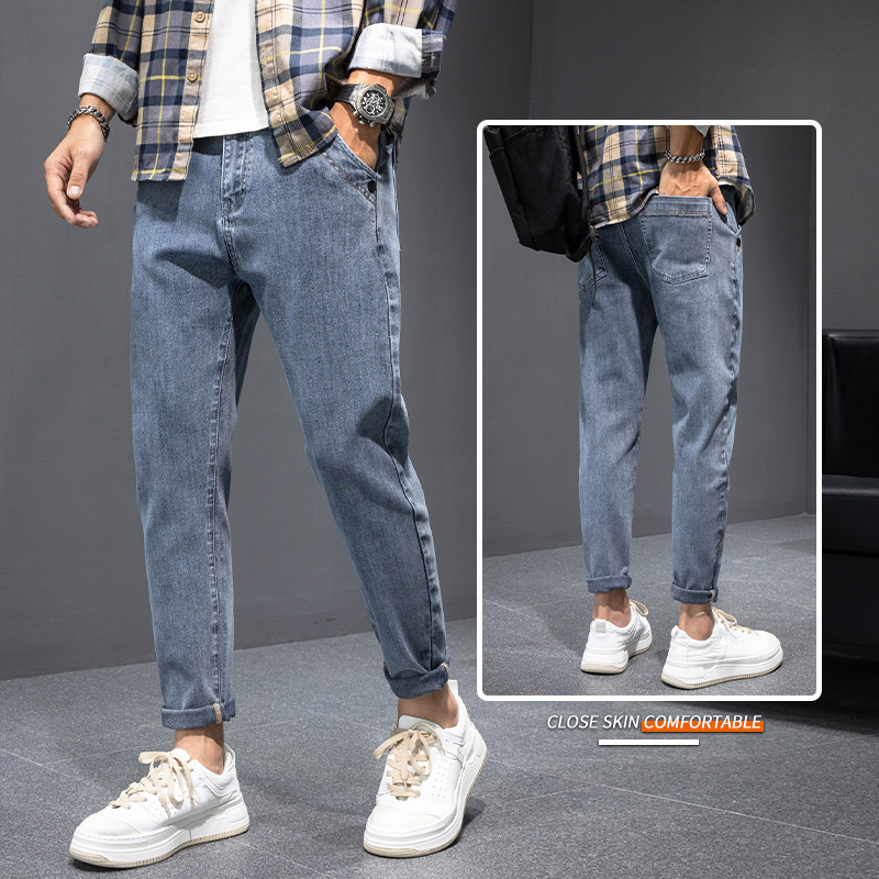 牛仔裤男春季2022新款蓝色宽松直筒修身小脚长裤男士休闲裤子春秋
