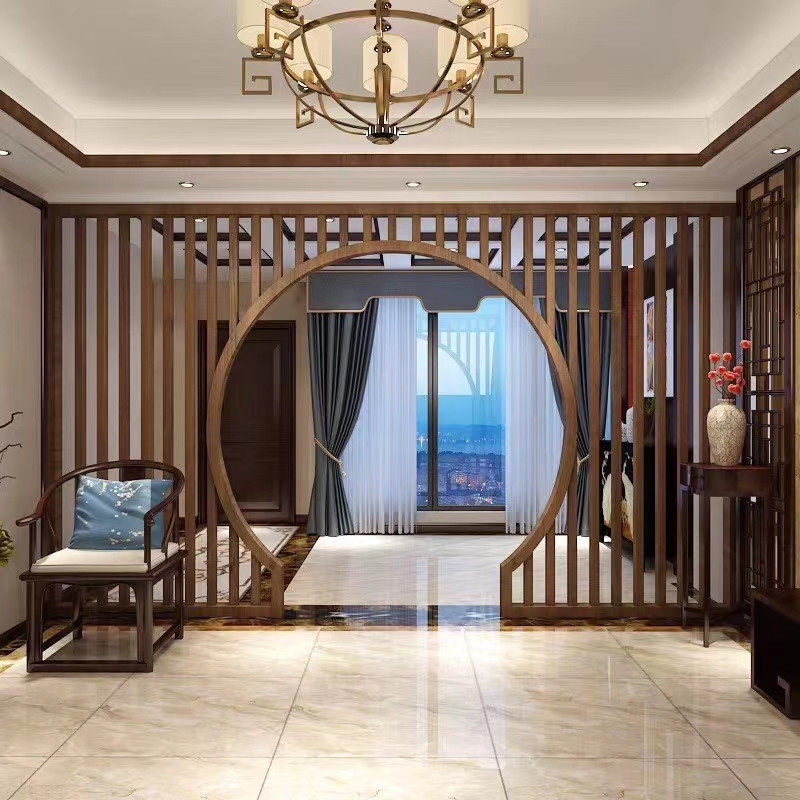 屏风定制中式仿古木纹铝合金月洞门隔断落地电视屏风