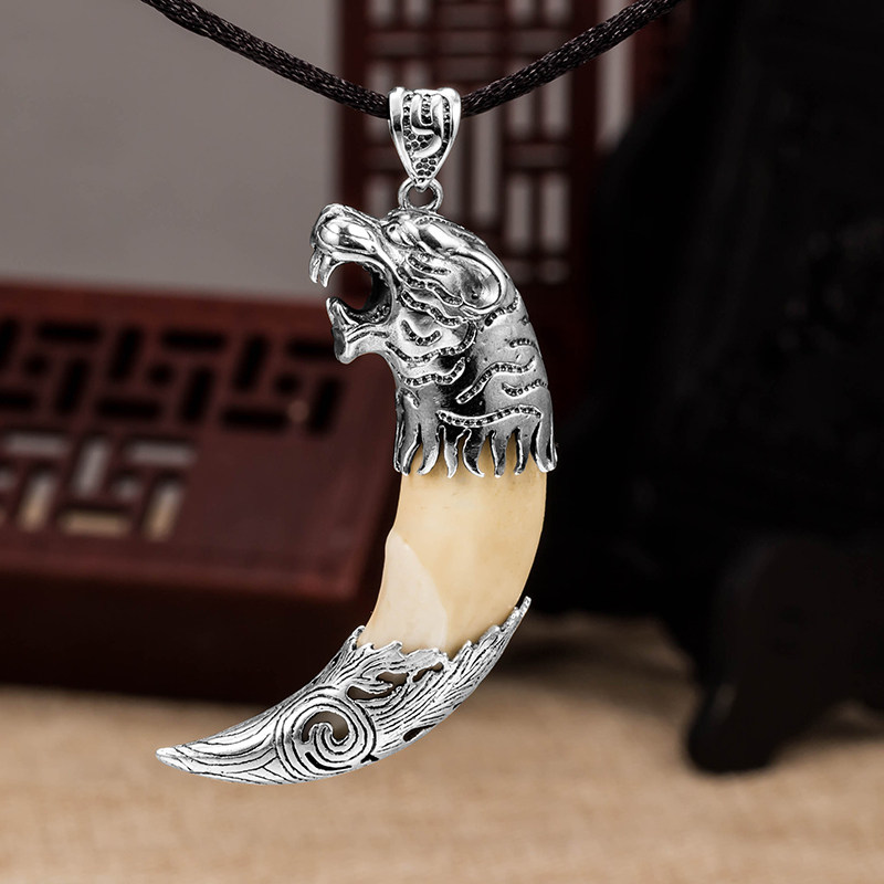 925银狼牙包银套狼牙镶嵌配件虎头款牙尖套黑狗吊坠纯银套野猪牙