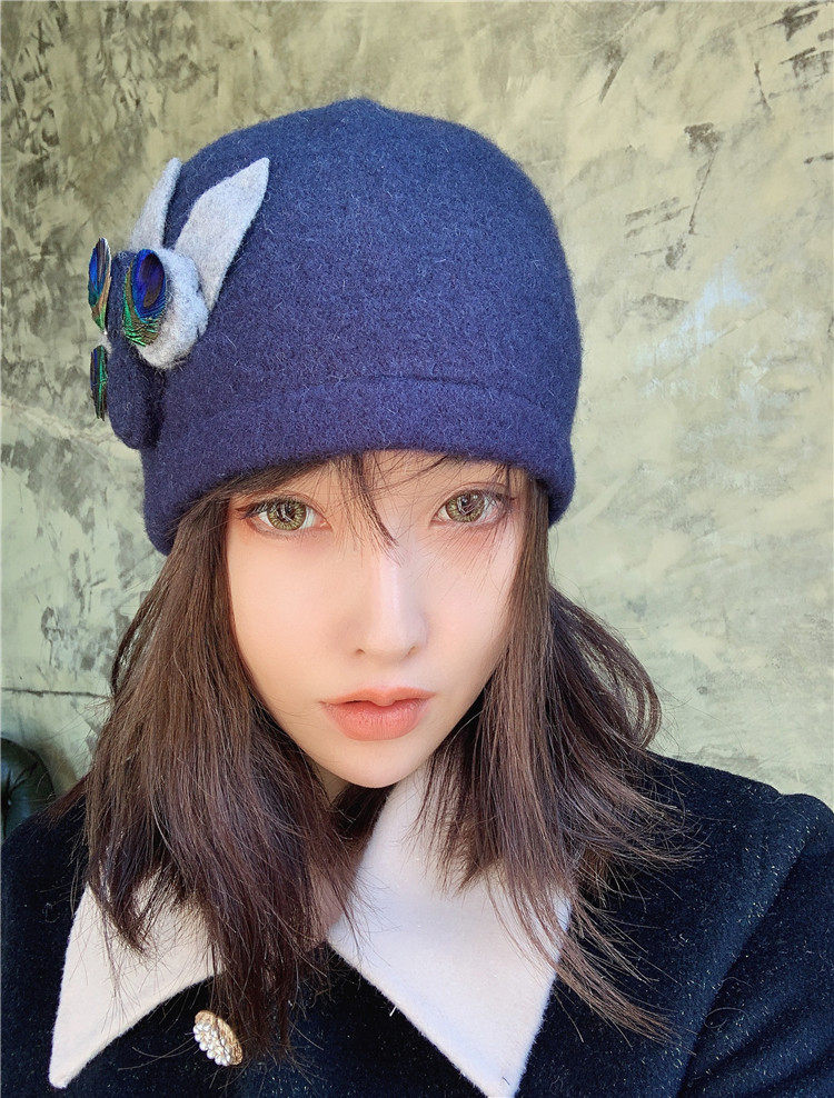 元素休闲盆帽帽子羊毛气质优雅民族风羽毛孔雀羽帽子