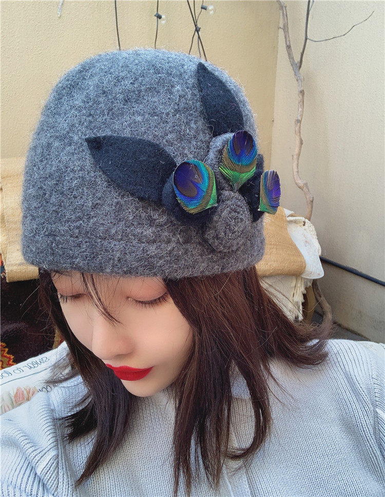 元素休闲盆帽帽子羊毛气质优雅民族风羽毛孔雀羽帽子