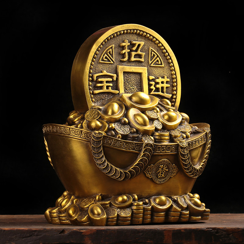元宝铜元聚宝盆摆件纯铜招财进宝铜钱金元宝开业装饰品摆件