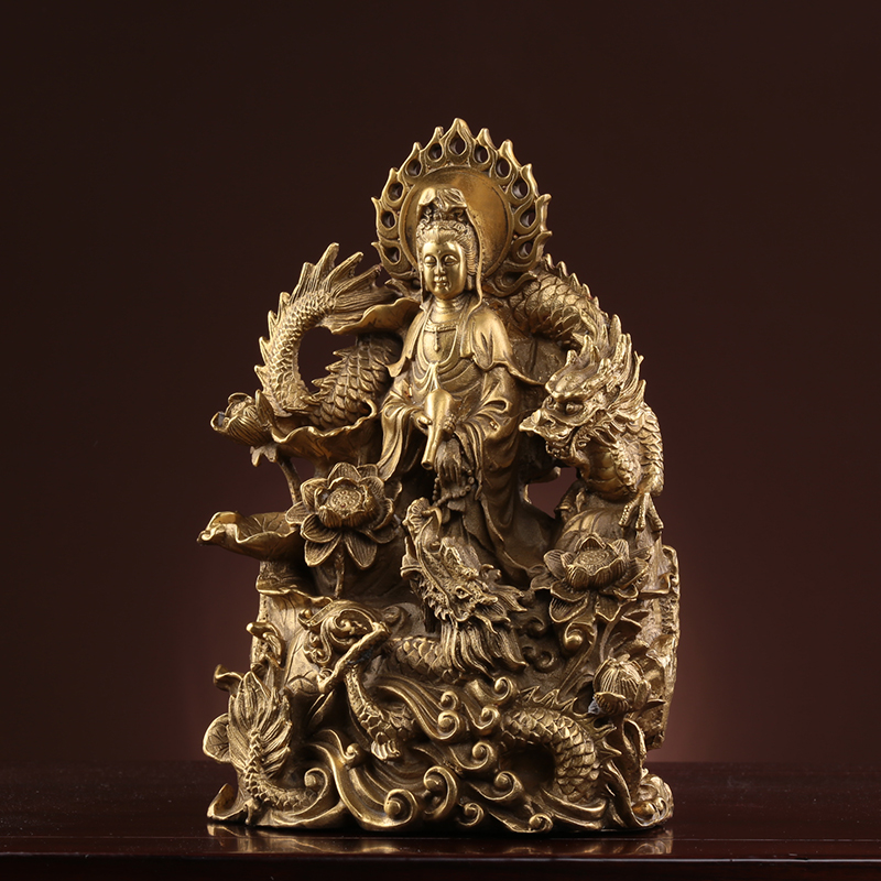 皇轩纯铜站龙观音菩萨踏龙佛像纳福镇家居装饰风水摆件